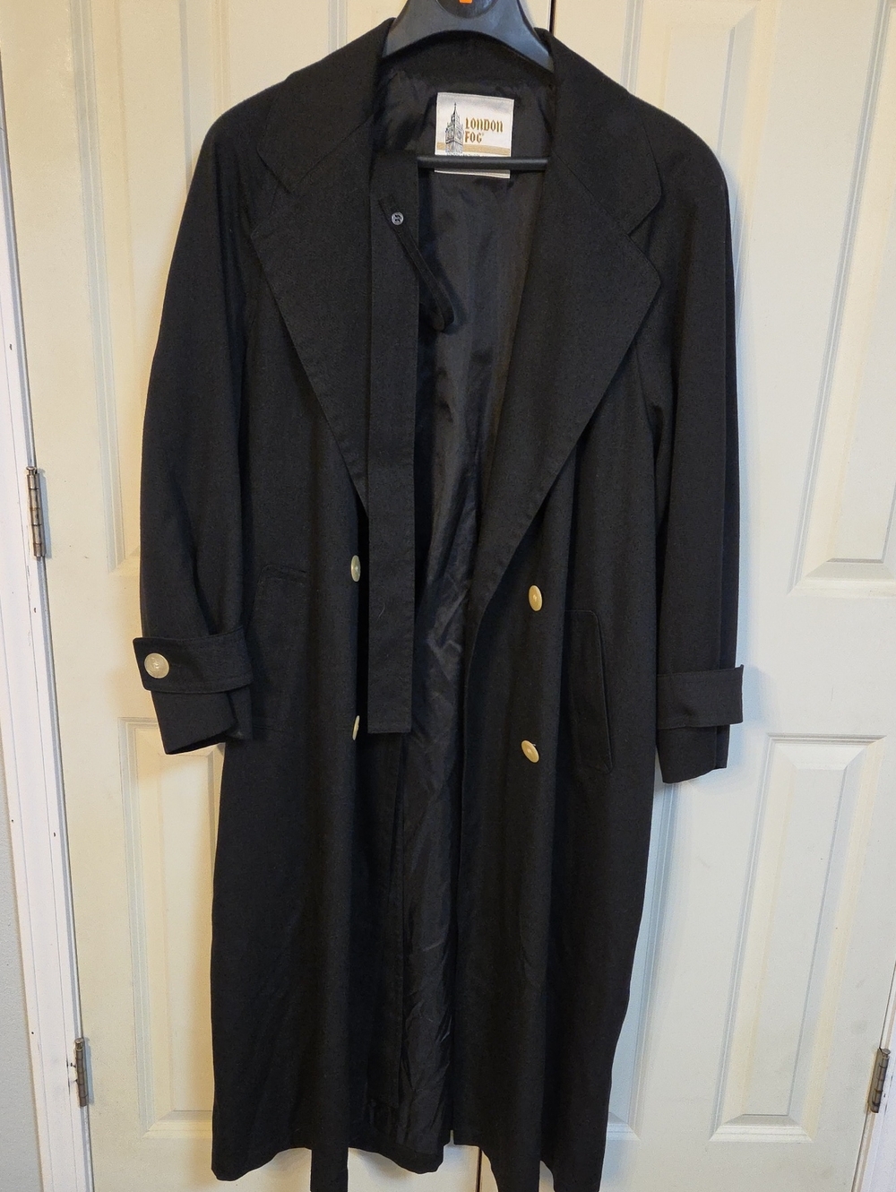 London Fog Black Trench Coat with Gold  Pearl Buttons